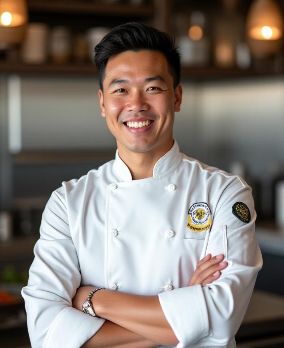 A professional and warm portrait of Head Chef Julian Tan in his kitchen.