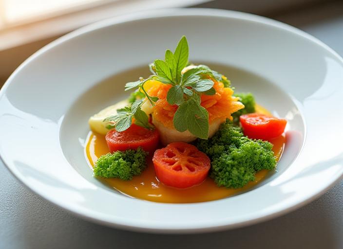An exquisitely plated dish from the seasonal tasting menu, featuring vibrant vegetables.